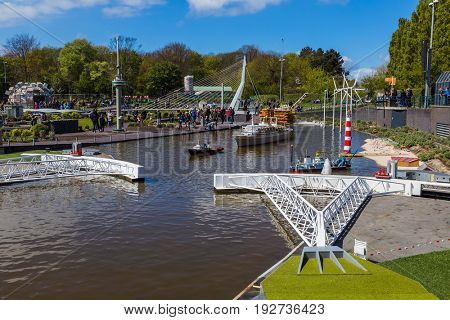 The Hague, Netherlands - April 26, 2017: Maeslantkering dam in Madurodam miniature park in The Hague.