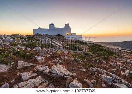 Church of Agios Symeon above Kamares village at sunset.