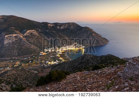 Church of Agios Symeon above Kamares village at sunset.