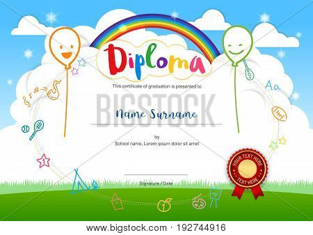 Colorful kids summer camp diploma certificate template in cartoon style with smiling balloon rainbow and sky