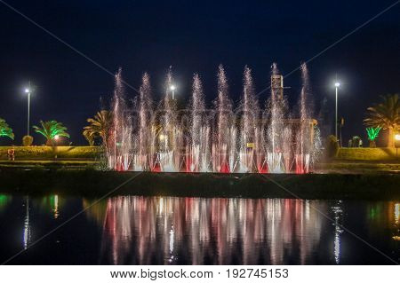BATUMI GEORGIA-JULY 7 2015 Dancing Fountains on Ardagani Lake. Light and musical fountains installed back in 2009