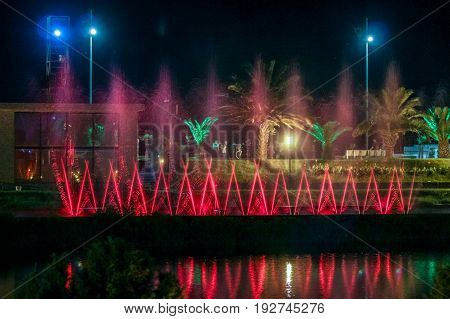 BATUMI GEORGIA-JULY 7 2015 Dancing Fountains on Ardagani Lake. Light and musical fountains installed back in 2009