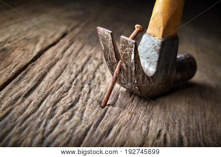 Pulling rusty nail out of old wood with carpenter's hammer Selective focus