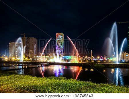 BATUMI GEORGIA-JULY 7 2015 Dancing Fountains on Ardagani Lake. Light and musical fountains installed back in 2009