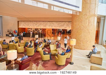 HONG KONG - CIRCA SEPTEMBER, 2016: Four Seasons Hotel Hong Kong Lobby. Four Seasons Hotel Hong Kong is a five-star hotel building in the Sun Hung Kai Properties.