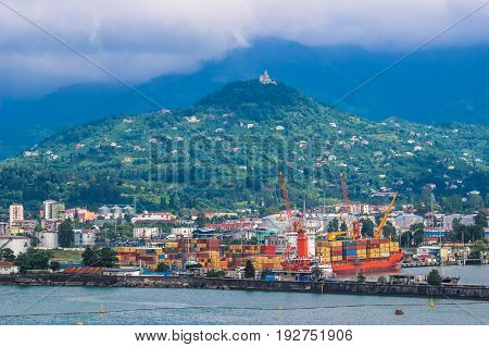 BATUMI GEORGIA-JULY 6 2015 Batumi Sea Port with boats and passenger terminal. Georgia