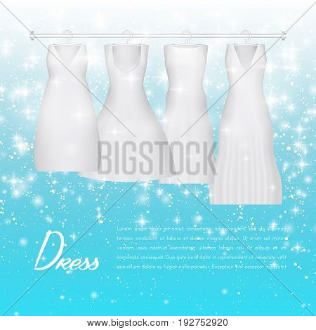 Wedding bride dress. Beautiful fashion white wedding gown. elegance woman evening clothes for party or event isolated on festive sparkle background. Romantic realistic prom dress