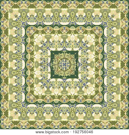 Bright green colored handkerchief. Rich striking pattern for a scarf. Square ornament in Oriental style. Vector illustration.