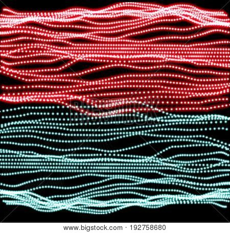 Beaded light branches garlands shining with different colors, the festive decoration elements. Abstract futuristic vector background. ESP 2D illustration.
