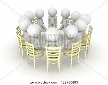 3D illustration of twelve step progam help group. There are twelve small people sitting on chairs in a circle.
