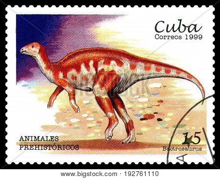 STAVROPOL RUSSIA - June 21 2017: A stamp printed in Cuba shows dinosaur Bactrosaurus Prehistoric circa 1999