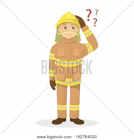 Isolated confused fireman on white background with questions.