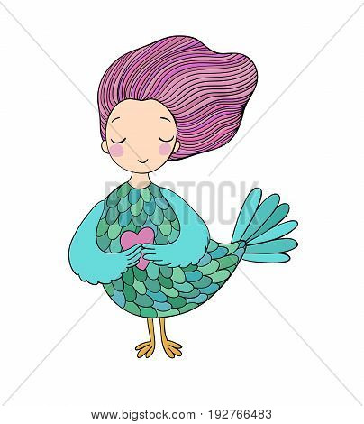 Girl Sirin. Mythological bird. Russian folklore. Isolated objects on white background. Vector illustration.