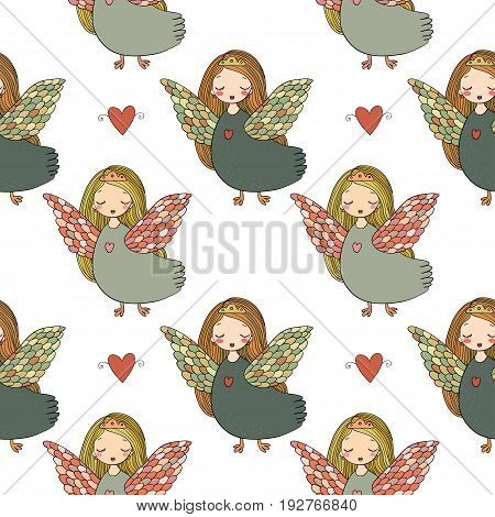 Pattern with girl Sirin. Mythological bird. Russian folklore. Vector illustration