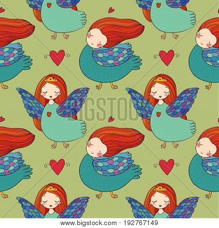 Pattern with girl Sirin. Mythological bird. Russian folklore. Vector illustration