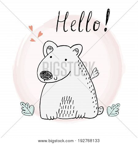 vector card with cute hand drawn bear. vector print.