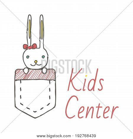 Animal logotype children's store concept. Illustration of little rabbit in the pocket.