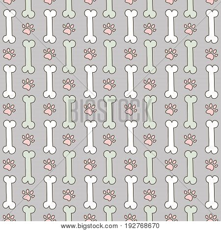 Vector seamless pattern for zoo shop. Background with bones and paws. White and mint bones and pink traces of dogs on a gray background. Veterinary backdrop. Can be used for wrapping paper web or design of banners. EPS10.