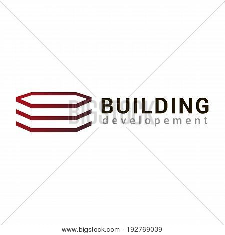 Vector logo template for building company. The image of the building in the form of letter O in red color. Creative logotype. EPS10. Can be used for corporate identity. Icon concept. Architecture.