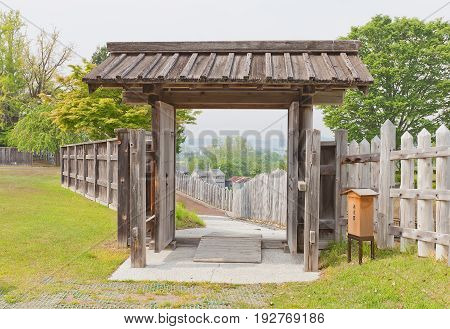 HACHINOHE JAPAN - MAY 23 2017: Reconstructed gate and palisade wall of Ne Castle in Hachinohe Japan. Castle was founded in 1334 by Nanbu Moroyuki abandoned in 17th c.