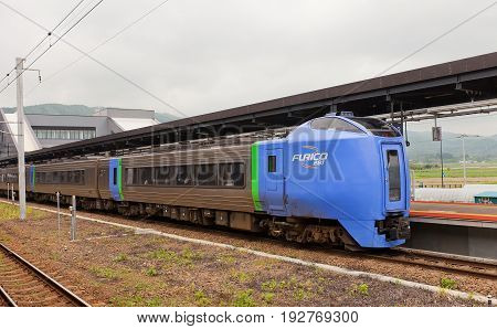 HAKODATE JAPAN - MAY 24 2017: KiHa 281 Furico type Super Hokuto limited express train on Shin-Hakodate-Hokuto station Japan. Tilting diesel multiple unit train operated by JR Hokkaido since 1994