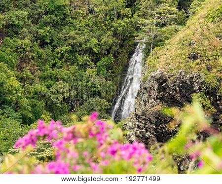 Sun illuminates the twin falls of Opaekaa waterfall on Hawaiian island of Kauai