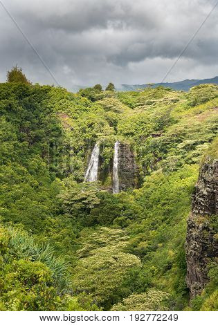 Sun illuminates the twin falls of Opaekaa waterfall on Hawaiian island of Kauai