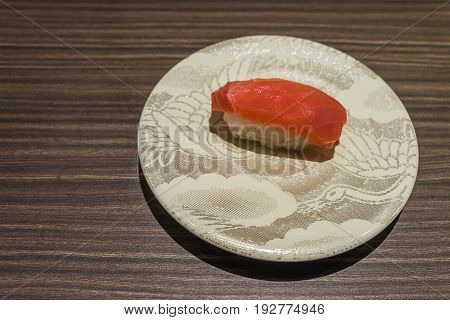 Otoro Tuna Sushi, Japanese Food White Dish On Wooden Table