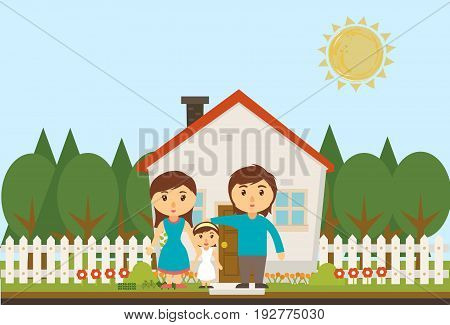 Isolated Happy family near their own house
