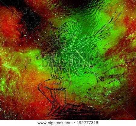Mystic woman warior in cosmic space. Glass effect