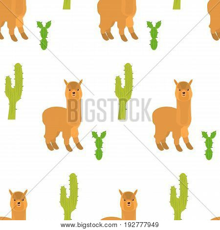 Seamless pattern with llamas and cactus..Vector flat for print. Vector cute Alpaca llama animal