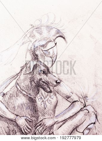Mystic woman warior and dog. pencil drawing on old paper