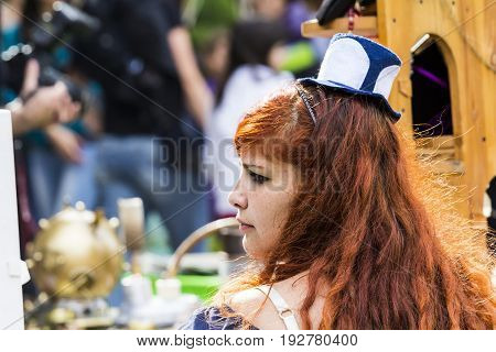 CAGLIARI, ITALY - JUNE 1, 2014: Sunday at the Great Jatte Public Gardens - portrait of a beautiful woman wearing a Victorian costume - Sardinia
