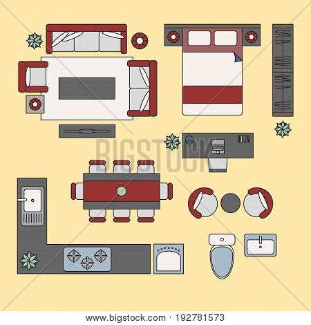 Flat elements, flat interior top view vector