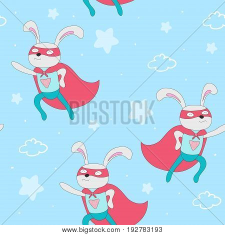 Seamless pattern with superhero rabbit animal vector illustration.