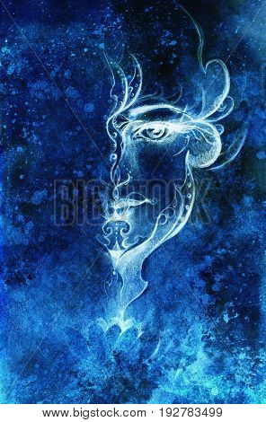Mystic woman with ornament on face. pencil drawing on old paper. Color effect