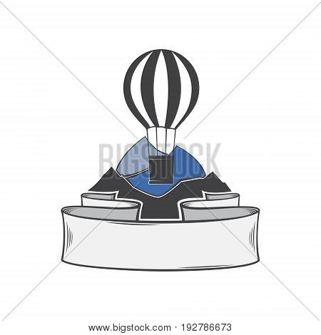 Color vector tourism logo with the image of a balloon banner tape for lettering and blue mountains on the general background.