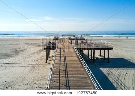 Wildwood, New Jersey, Usa - June 25, 2017: Crest Beach And Wooden Dock From Above With The Ocean Vie