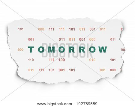 Time concept: Painted green text Tomorrow on Torn Paper background with  Binary Code