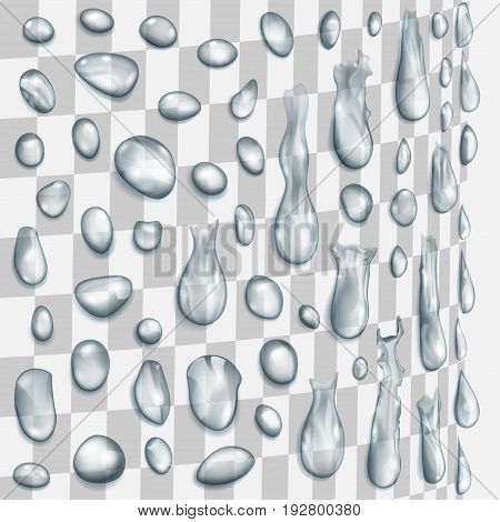Set of gray transparent drops flowing along a cylindrical surface. Drops of different shapes isolated on transparent background. Transparency only in vector format