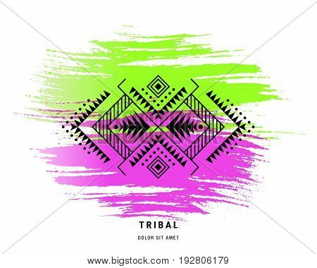 Aztec style ornament on the colorful hand paint backdrop. American indian ornamental pattern design. Tribal decorative template. Ethnic ornamentation. EPS 10 vector background. Isolated.