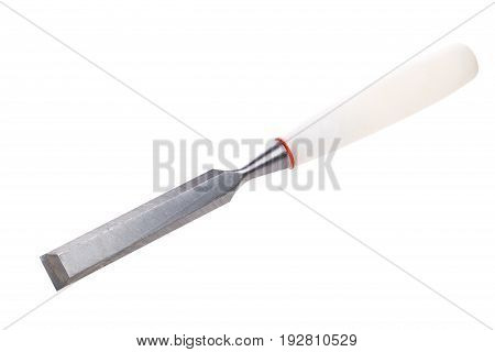 Photo of chisel with white handle close-up on empty background