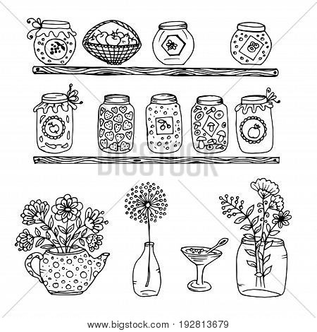 Doodle wooden shelves with a pot of jam and honey and mushrooms, jam in a vase and basket of apples teapot with flowers and a Bank of flowers, bottle with flower