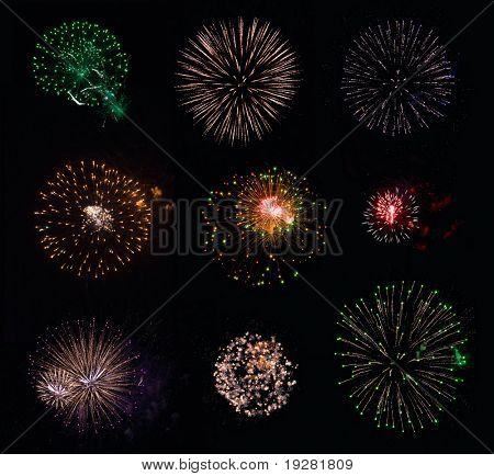 Colección #1 de 9 fuegos artificiales aislados sobre fondo negro