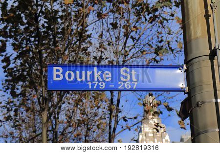 Bourke street sign Melbourne Australia. Bourke street is a major shopping street in downtown Melbourne.
