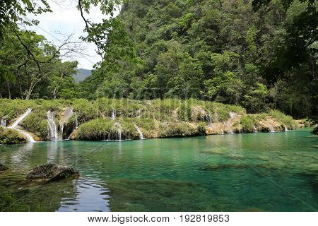 Semuc Champey natural swimming pools in middle of the jungle, Guatemala
