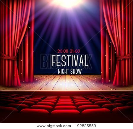 A theater stage with a red curtain and a spotlight. Festival night show poster. Vector.