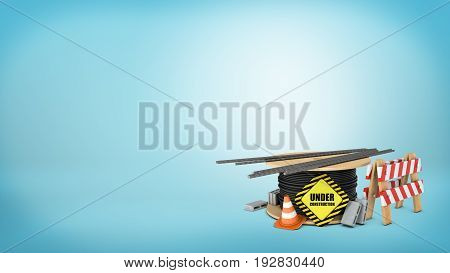3d rendering of a several traffic cones, red and gray bricks, a road block, steel wire and beams and a road works sign. Road and bridge repair. Urban construction. Highways.