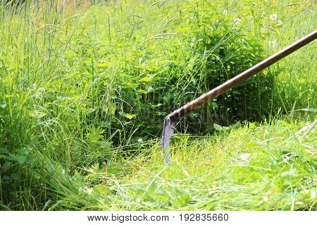 The worker mows the grass with a scythe. Russia