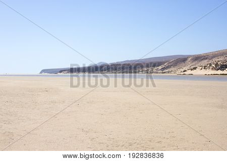 Incredible view of Costa Calma beach, blue lagoon. Playa Barca, Fuerteventura, Canary islands, Spain